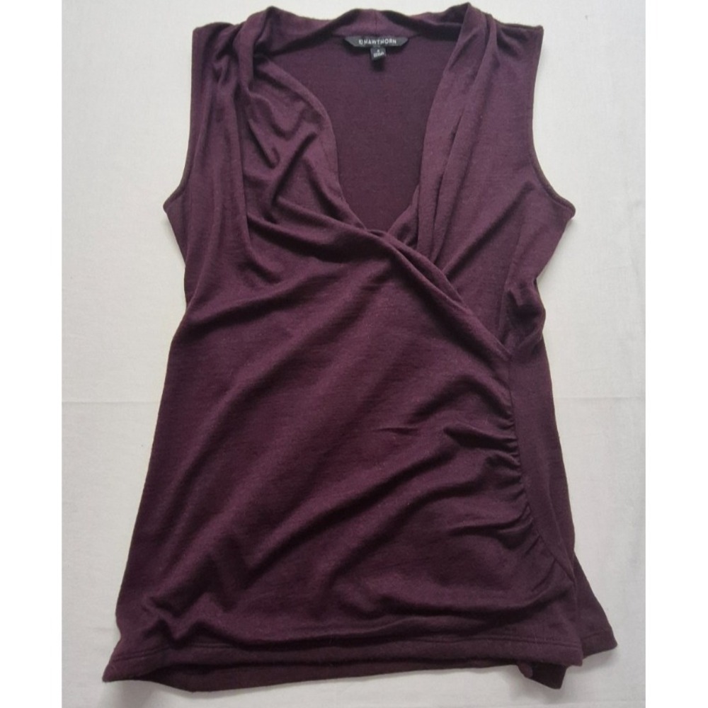 41 Hawthorn womens purple sleeveless faux wrap Top M ruched side draped neckline